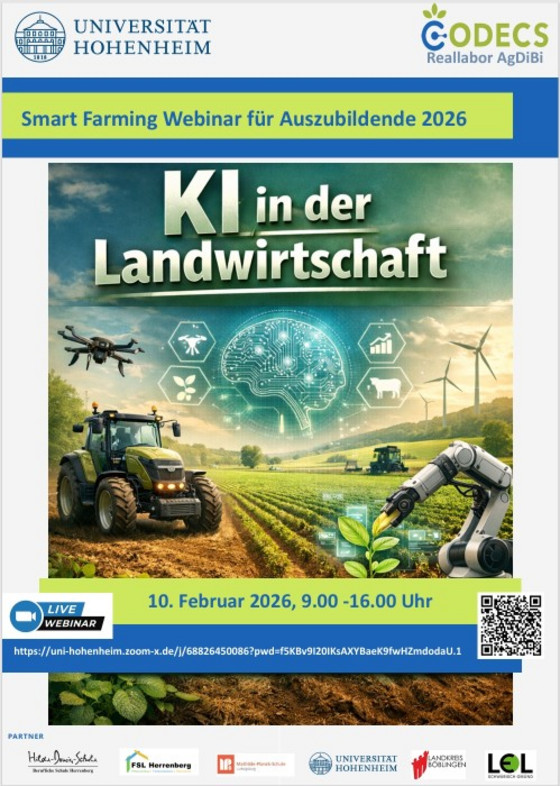 Plakat der Uni Hohenheim zum Webinar KI in der Landwirtschaft