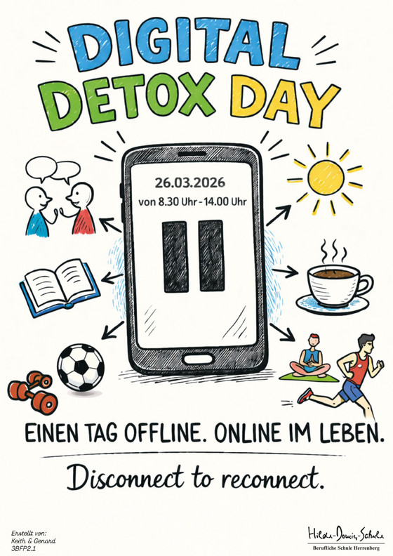 Plakat für den Digital Detox Day am 26.03.2026 von 8:30 - 14:00 Uhr. In der Mitte ein Smartphone mit dem Datum und der Uhrzeit und Piktogramme mit offline-Aktivitäten.