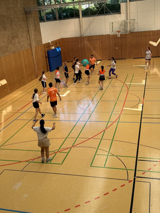 Lehrkräfte und Schülerinnen in der Sporthalle beim Sportfest. Lehrkräfte und Schülerinnen sowie Schüler bewegen gemeinsam einen großen Ball in der Sporthalle.