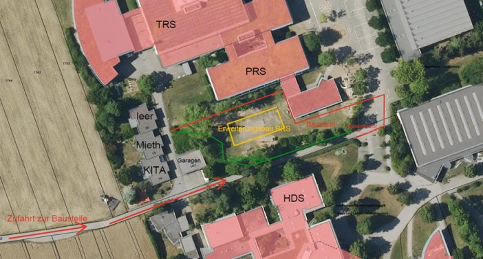 Abbildung der Baustelle an der Pfalzgraf-Rudolf-Schule mit Einzeichnung des Bauzauns